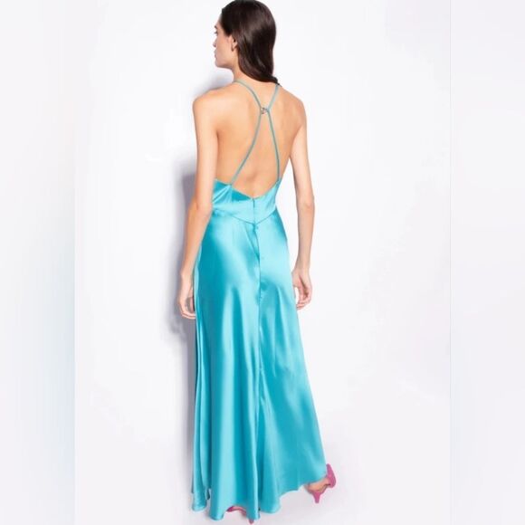 Anthropology Pinko Turquoise Blue High Neck Satin Slip Dress Medium It42/Us6 - Picture 11 of 16